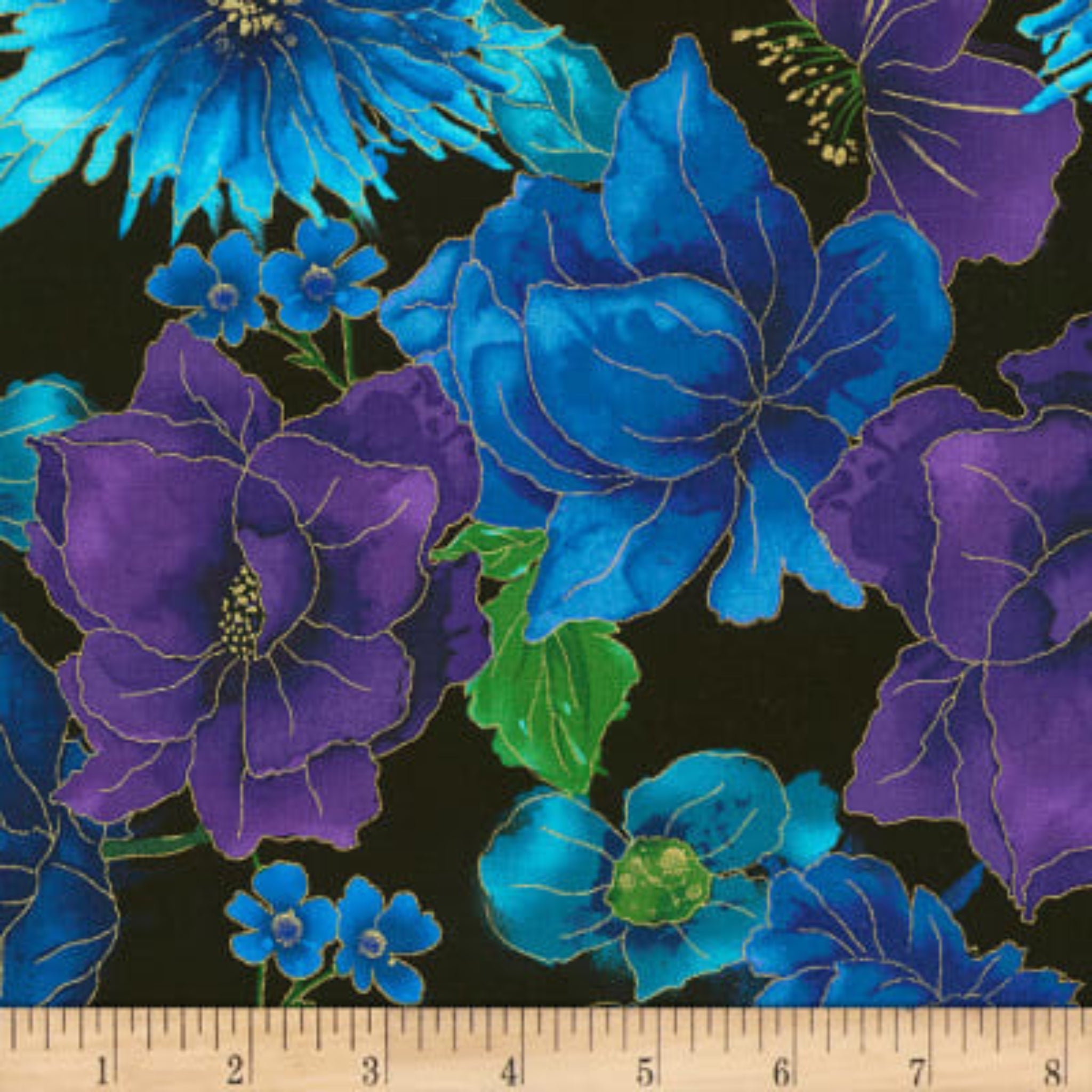 Blue purple flowers on black background with gold metallic accents fabric for feature quilts and patchwork sewing projects