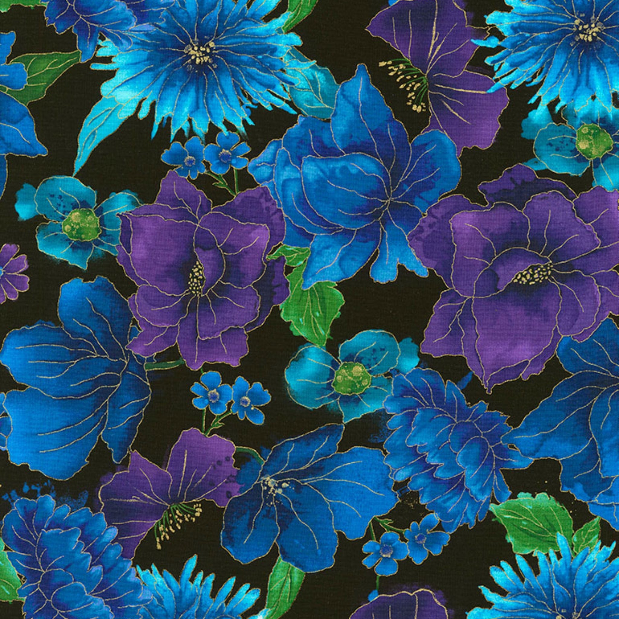 Blue purple flowers on black background with gold metallic accents fabric for feature quilts and patchwork sewing projects