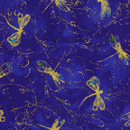 Metallic gold dragonfly tossed print turquoise accents royal blue background fabric for feature quilts bags and dragonfly patchwork sewing projects