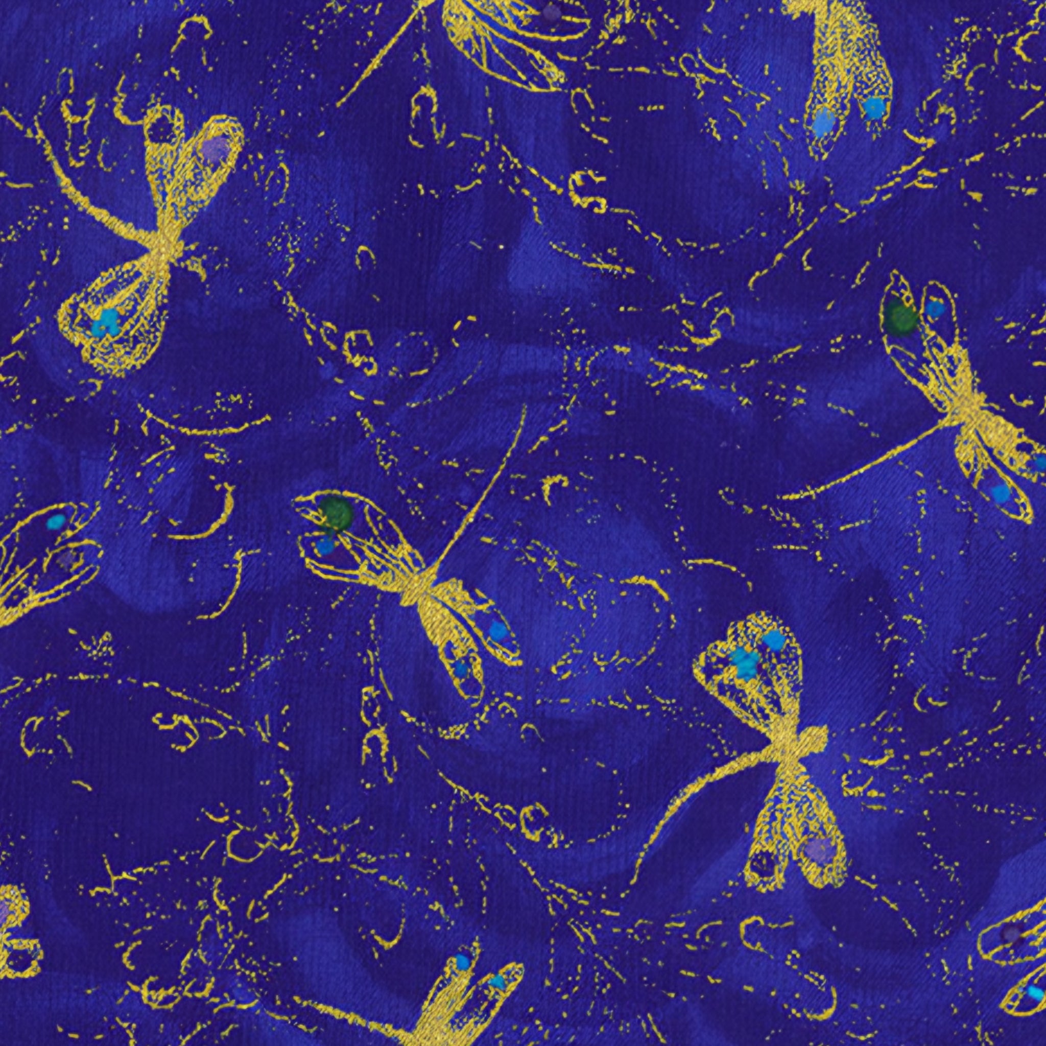 Metallic gold dragonfly tossed print turquoise accents royal blue background fabric for feature quilts bags and dragonfly patchwork sewing projects