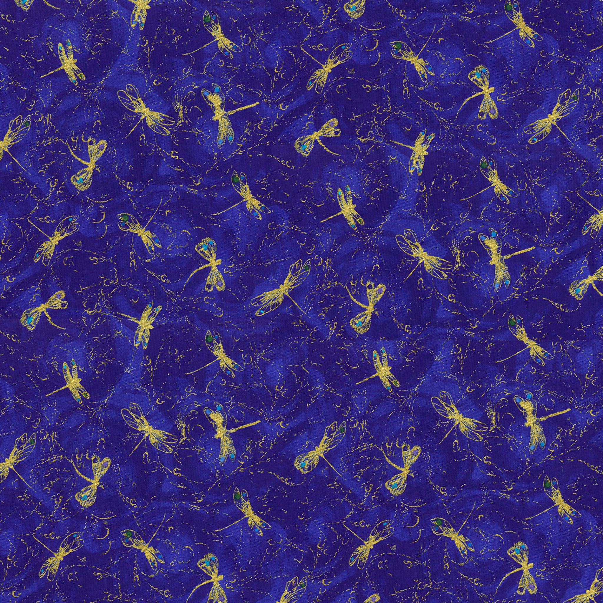 Metallic gold dragonfly tossed print turquoise accents royal blue background fabric for feature quilts bags and dragonfly patchwork sewing projects