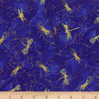 Metallic gold dragonfly tossed print turquoise accents royal blue background fabric for feature quilts bags and dragonfly patchwork sewing projects