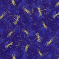 Metallic gold dragonfly tossed print turquoise accents royal blue background fabric for feature quilts bags and dragonfly patchwork sewing projects