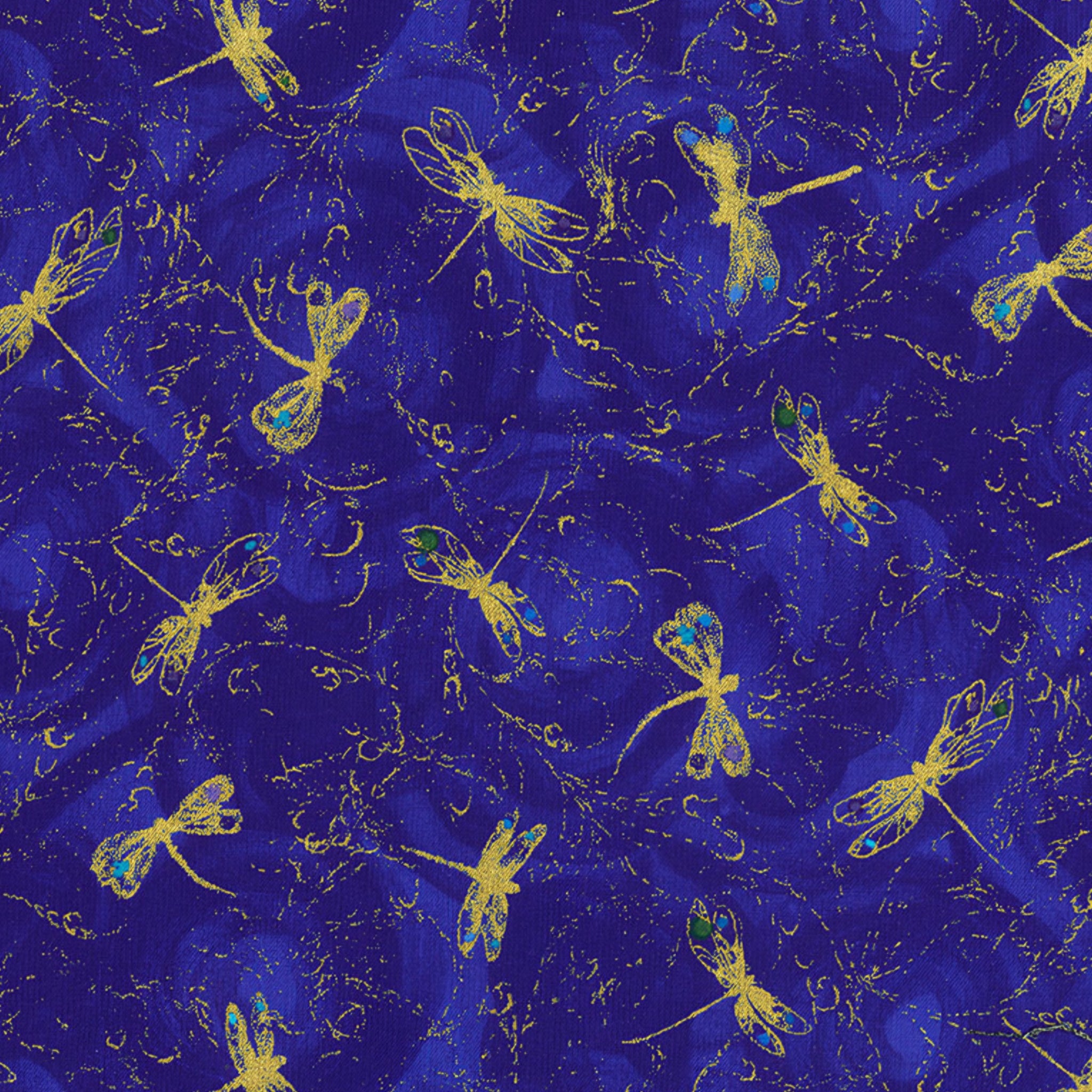 Metallic gold dragonfly tossed print turquoise accents royal blue background fabric for feature quilts bags and dragonfly patchwork sewing projects