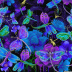 Purple blue dragonflies and butterflies panel with gold metallic accents fabric for panel quilts and wall hangings