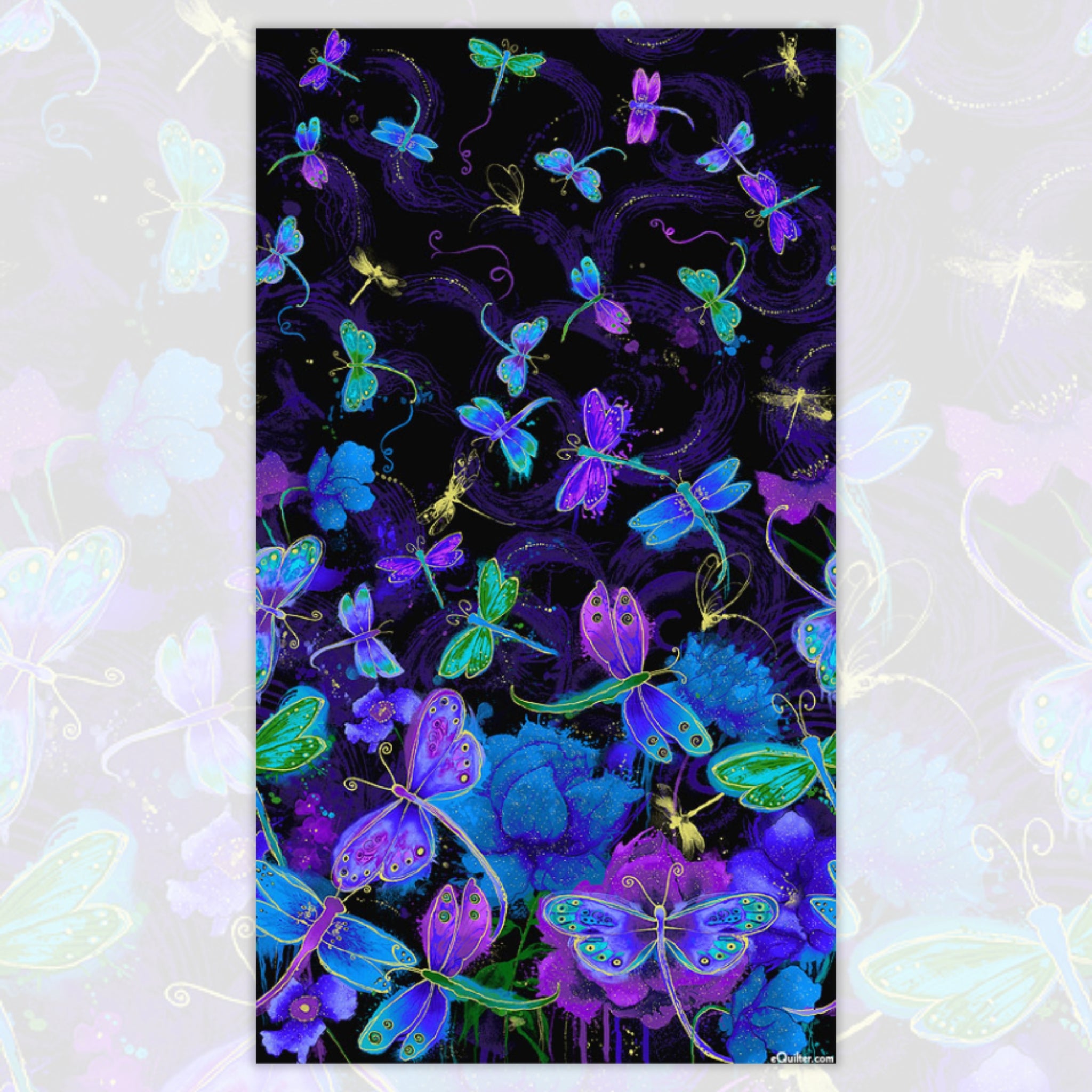 Purple blue dragonflies and butterflies panel with gold metallic accents fabric for panel quilts and wall hangings