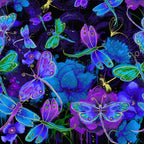 Dragonfly butterfly closeup purple blue turquoise lime green metallic gold accents black background quilting fabric