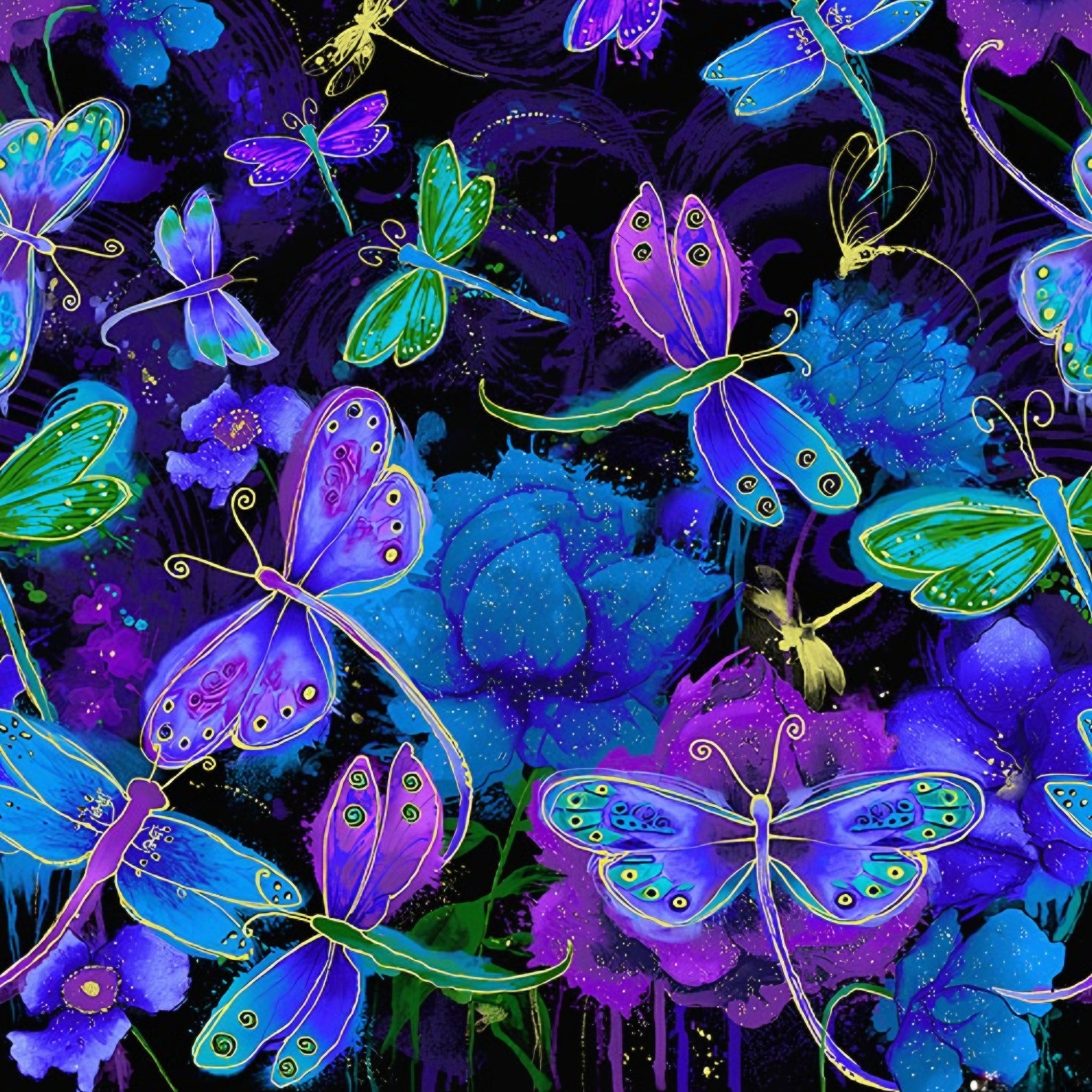 Dragonfly butterfly closeup purple blue turquoise lime green metallic gold accents black background quilting fabric