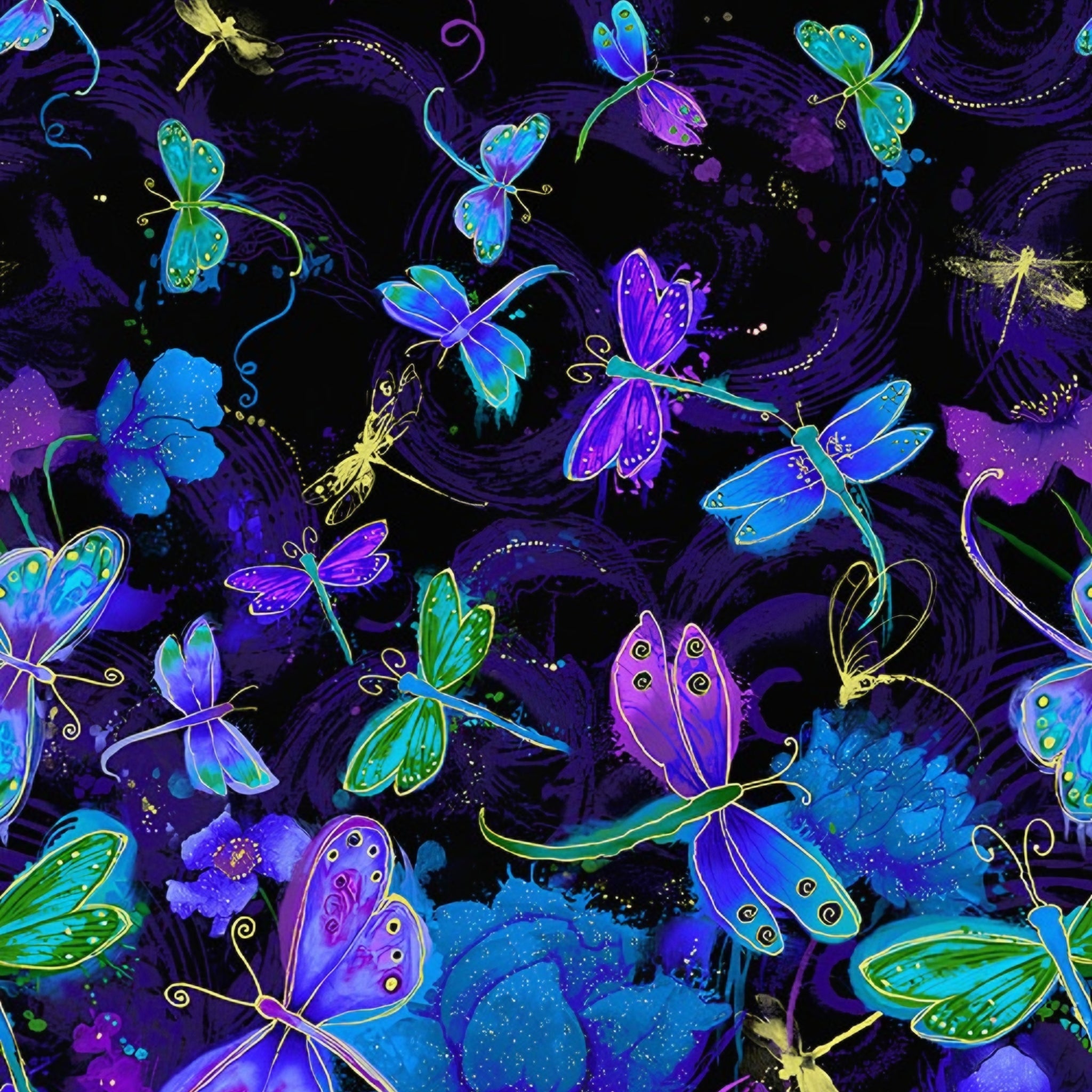 Dragonfly butterfly closeup purple blue turquoise lime green metallic gold accents black background quilting fabric