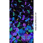 Fly by night dragonfly butterfly panel purple blue turquoise lime green metallic gold black background for panel quilts wall hangings and dragonfly gifts