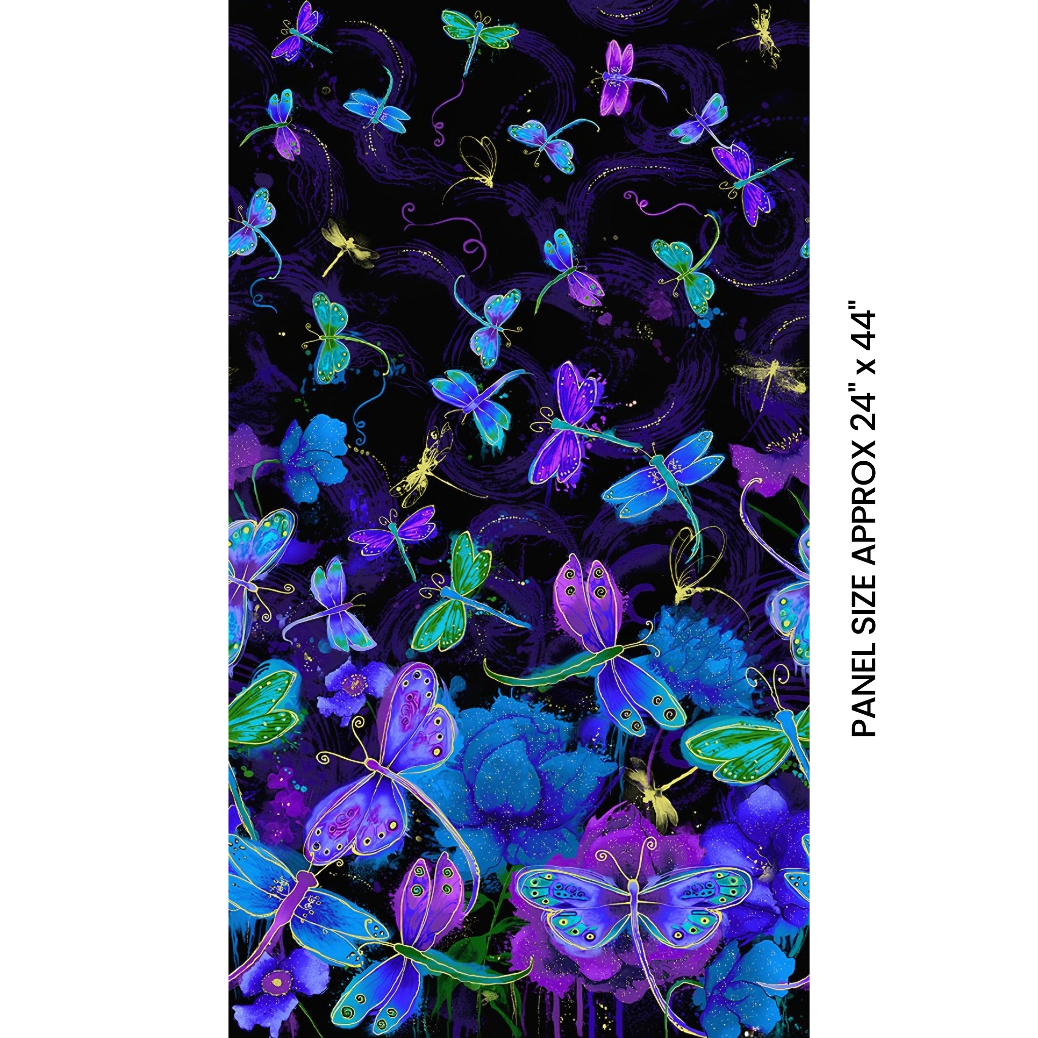 Fly by night dragonfly butterfly panel purple blue turquoise lime green metallic gold black background for panel quilts wall hangings and dragonfly gifts