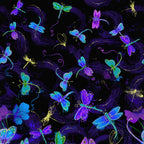 Dragonfly butterfly closeup purple blue turquoise lime green metallic gold accents black background quilting fabric