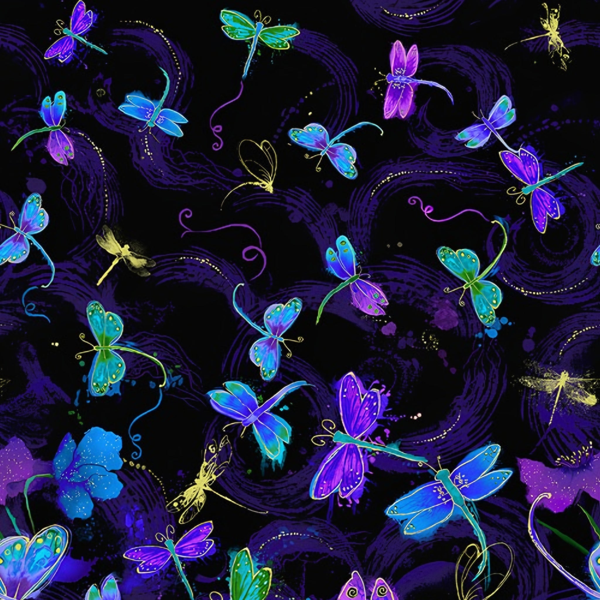 Dragonfly butterfly closeup purple blue turquoise lime green metallic gold accents black background quilting fabric