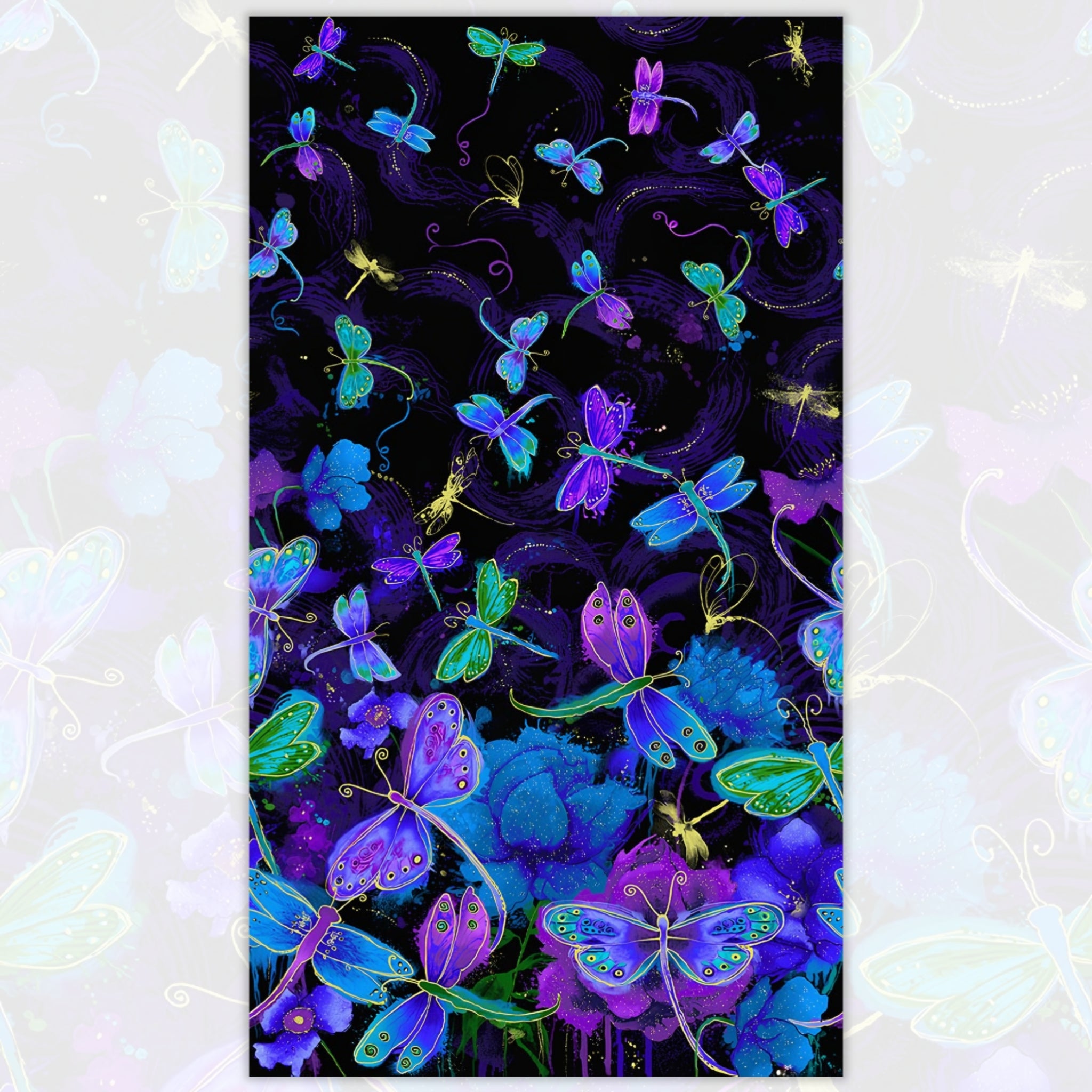 Fly by night dragonfly butterfly panel purple blue turquoise lime green metallic gold black background for panel quilts wall hangings and dragonfly gifts