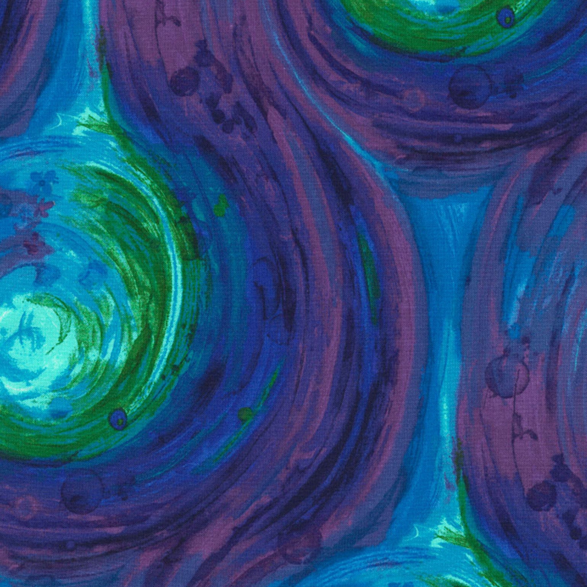 Swirling circles marbled digital print in purple turquoise lime green blue for modern quilts and patchwork sewing projects