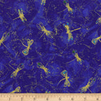 Gold metallic dragonflies on royal blue background fabric for feature quilts and patchwork sewing projects