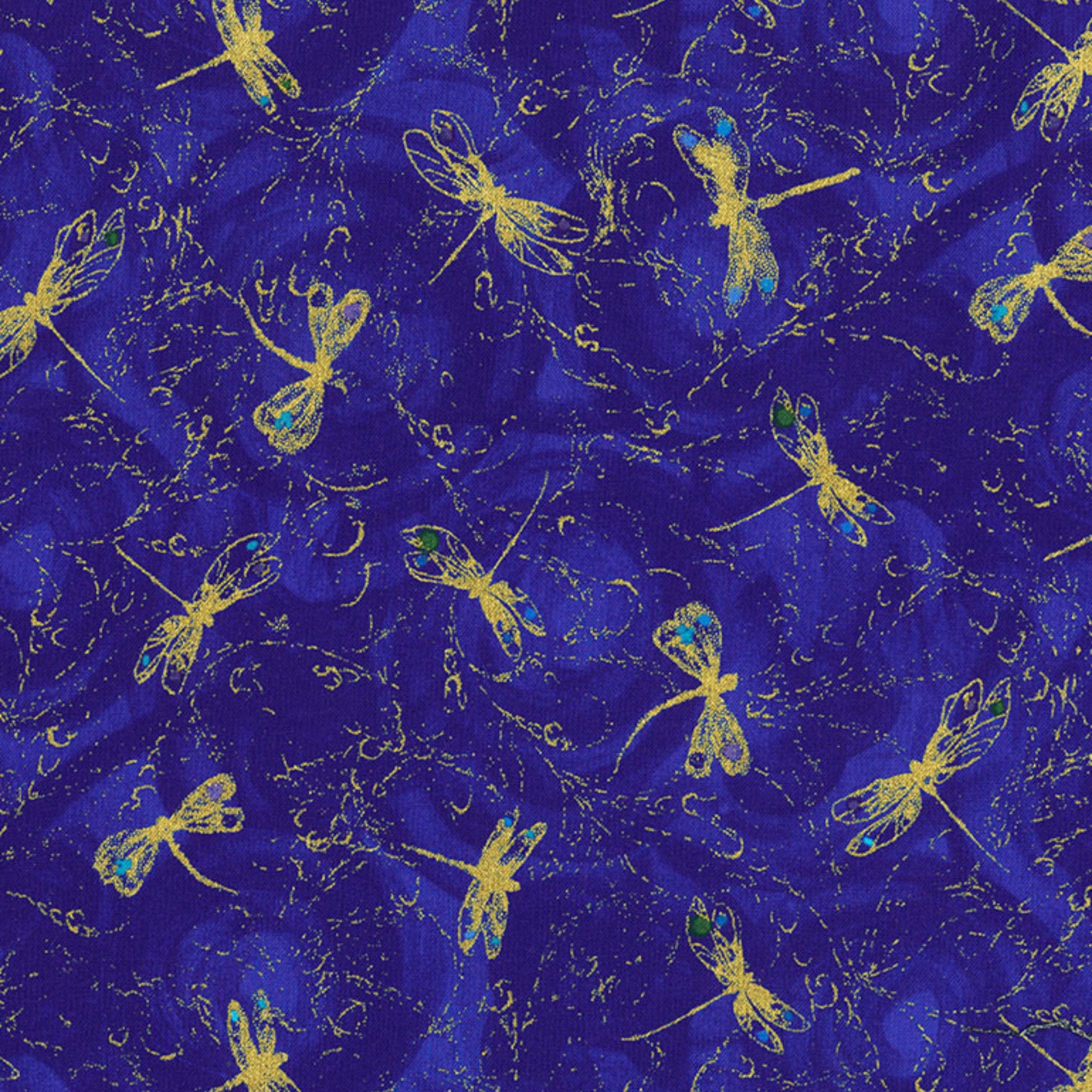 Gold metallic dragonflies on royal blue background fabric for feature quilts and patchwork sewing projects
