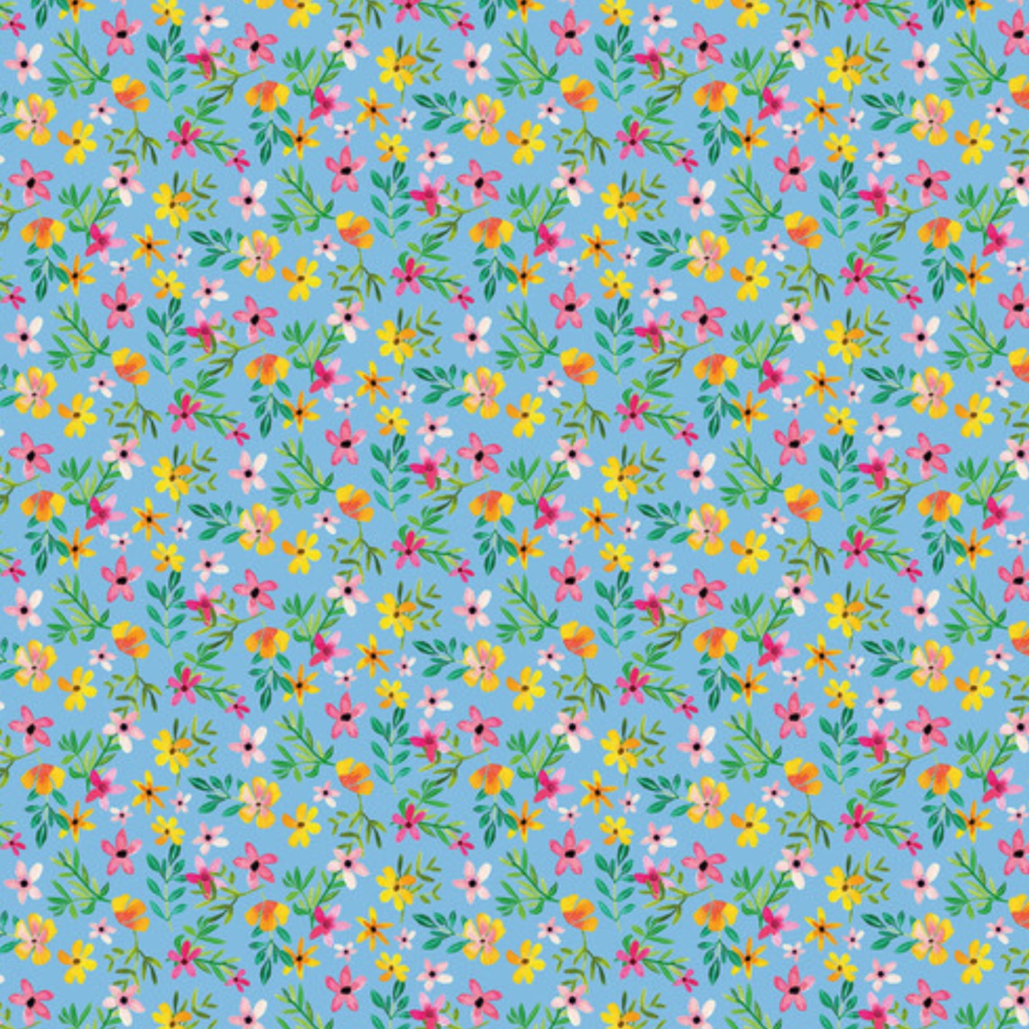 Watercolour flowers soft blue fabric for children's quilts and nursery décor