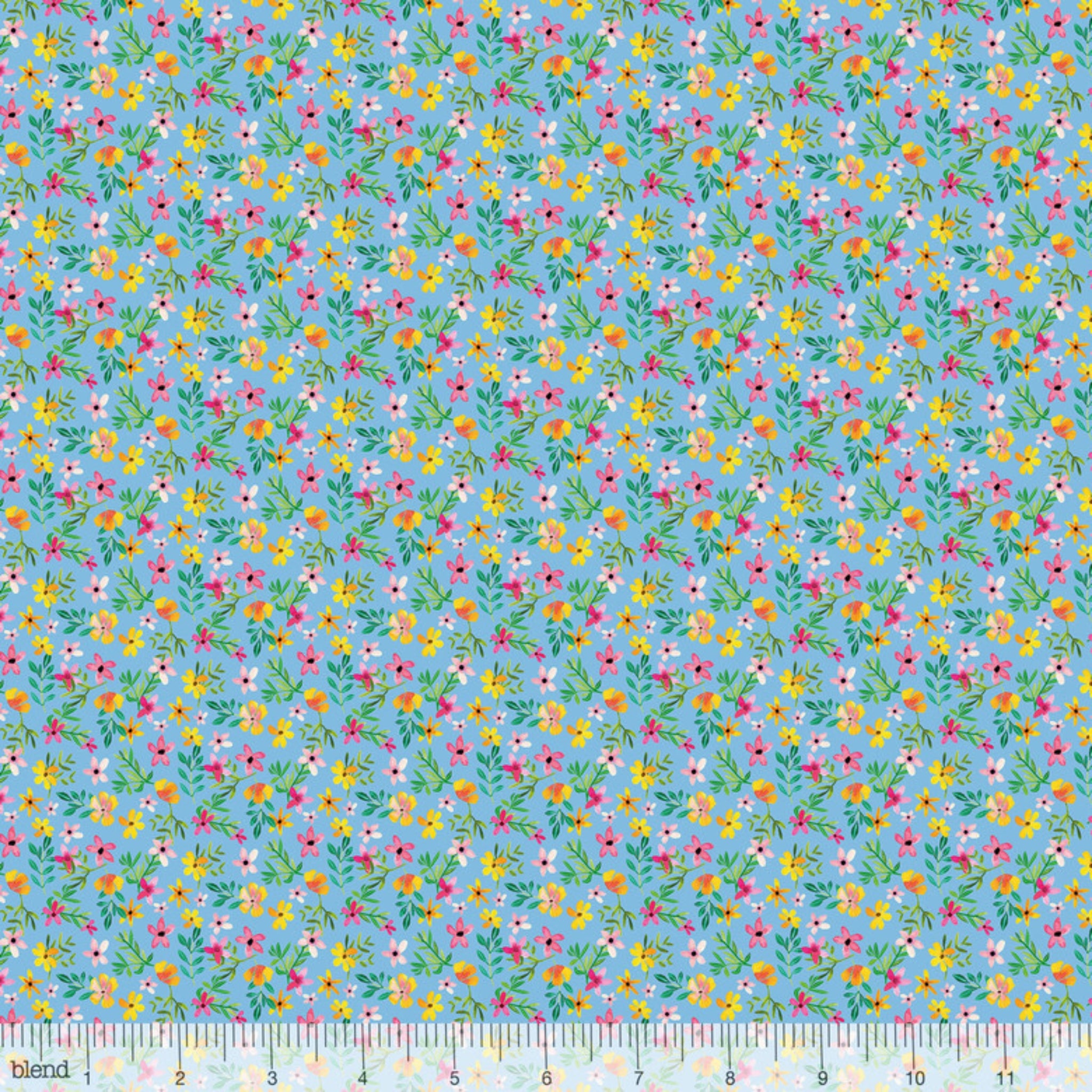 Watercolour delicate flowers soft blue fabric for children's quilts and nursery décor