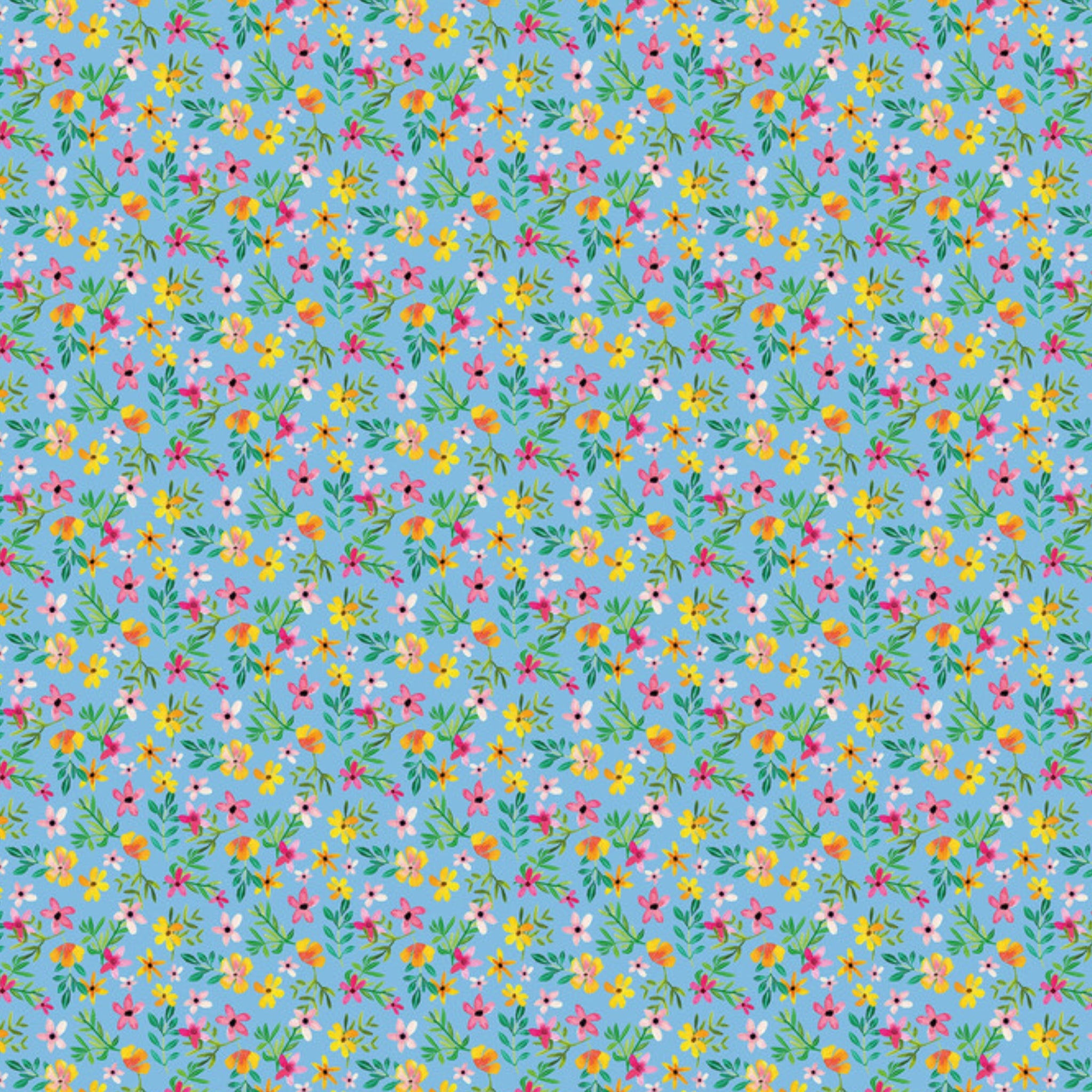 Watercolour flowers soft blue fabric for children's quilts and nursery décor