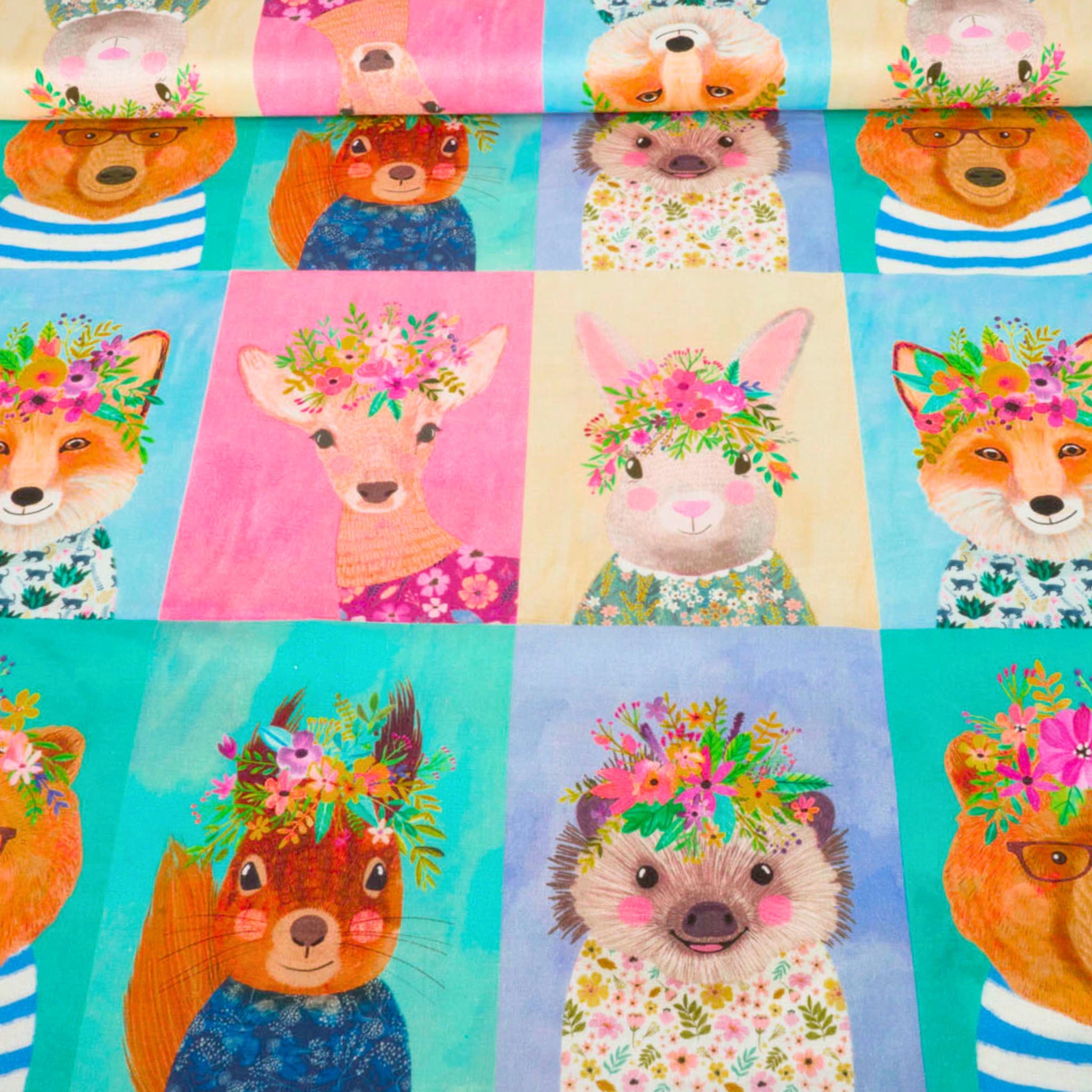 Woodland animals flower crowns squirrels hedgehogs bears deer rabbits foxes panel fabric for baby quilts and nursery décor