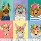 Woodland animals flower crowns squirrels hedgehogs bears deer rabbits foxes panel fabric for baby quilts and nursery décor