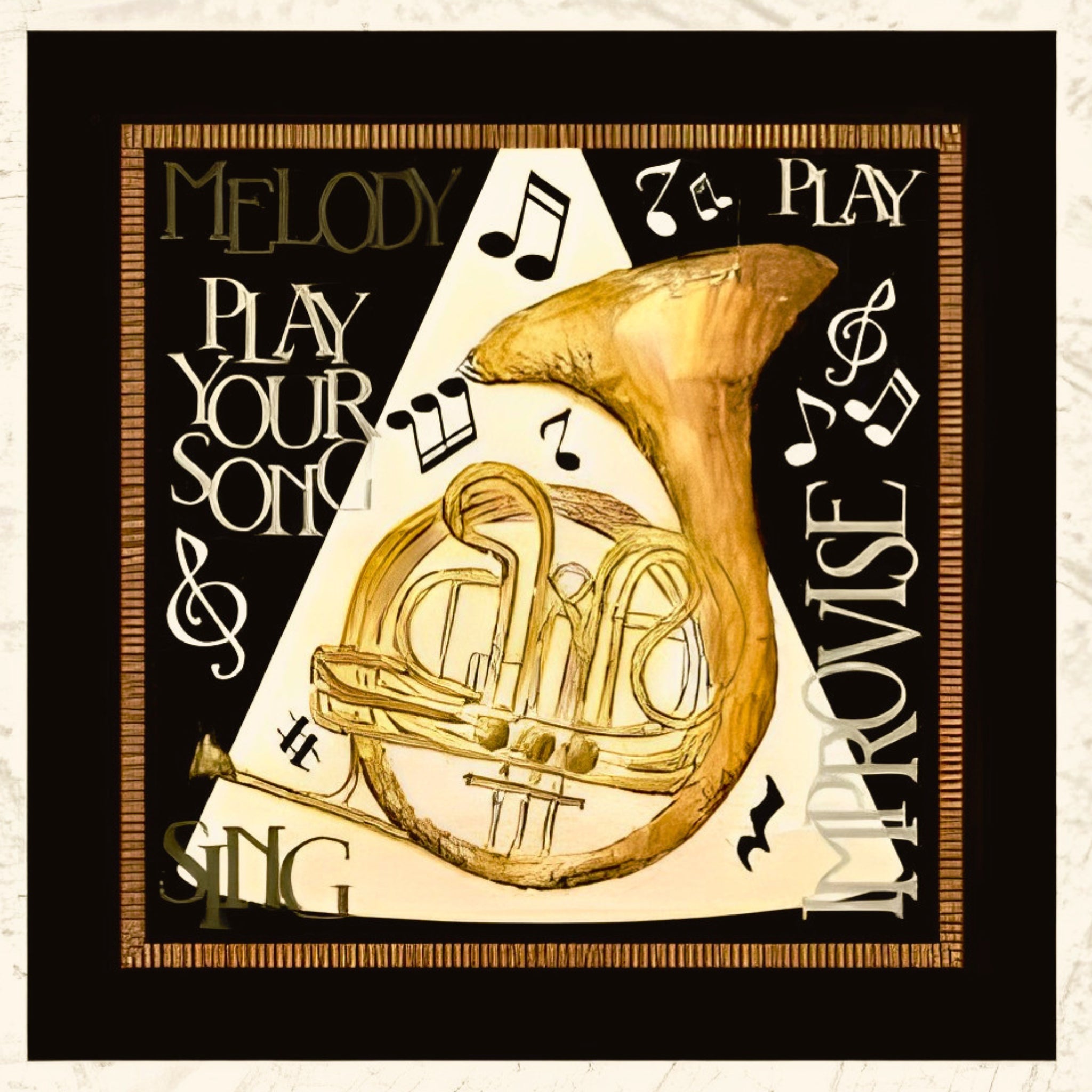 Play Your Song French horn Melody Improvise Sing music notes black cream novelty music panel block