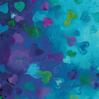 Tossed hearts solid outlined sketched swirled aqua teal purple pink lime navy deep blue turquoise painted background digital print fabric for heart quilts children's projects bags and cushions