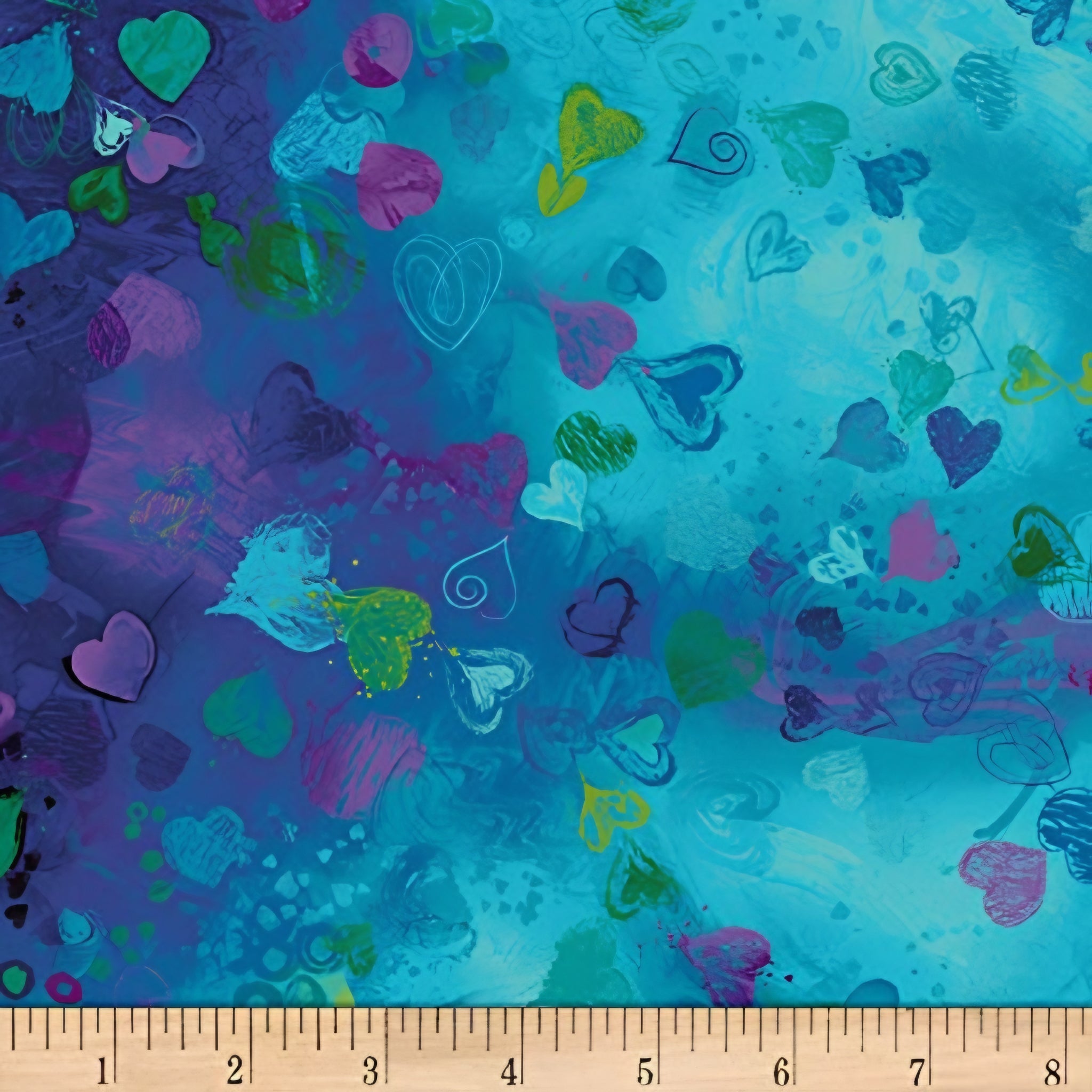Tossed hearts solid outlined sketched swirled aqua teal purple pink lime navy deep blue turquoise painted background digital print fabric for heart quilts children's projects bags and cushions
