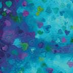 Tossed hearts solid outlined sketched swirled aqua teal purple pink lime navy deep blue turquoise painted background digital print fabric for heart quilts children's projects bags and cushions