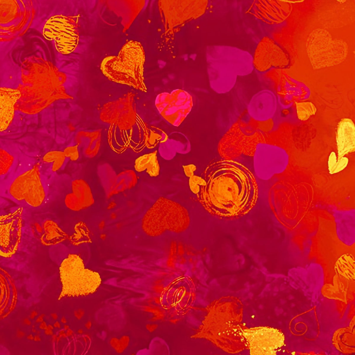 Tossed hearts solid outlined sketched swirled red fuchsia orange gold deep magenta crimson painted background digital print fabric for heart quilts Valentine's Day projects bags and cushions