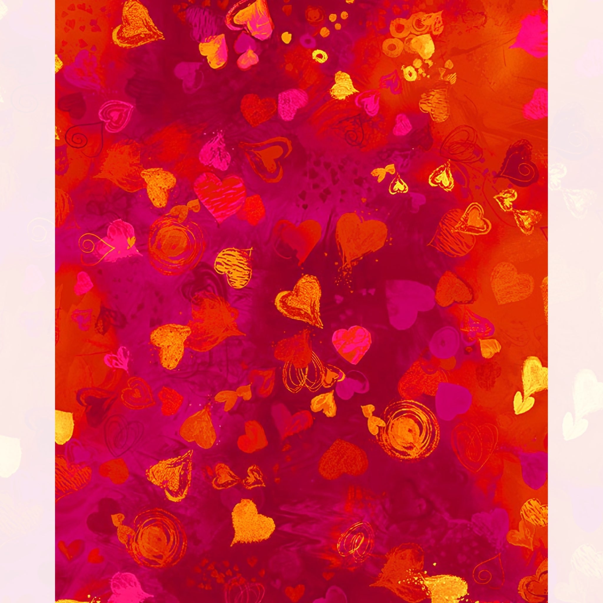 Tossed hearts solid outlined sketched swirled red fuchsia orange gold deep magenta crimson painted background digital print fabric for heart quilts Valentine's Day projects bags and cushions