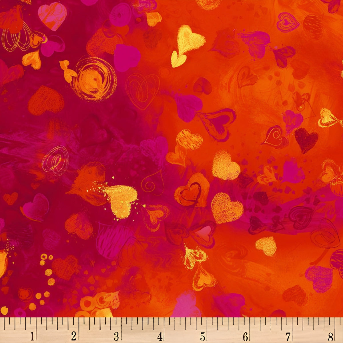 Tossed hearts solid outlined sketched swirled red fuchsia orange gold deep magenta crimson painted background digital print fabric for heart quilts Valentine's Day projects bags and cushions