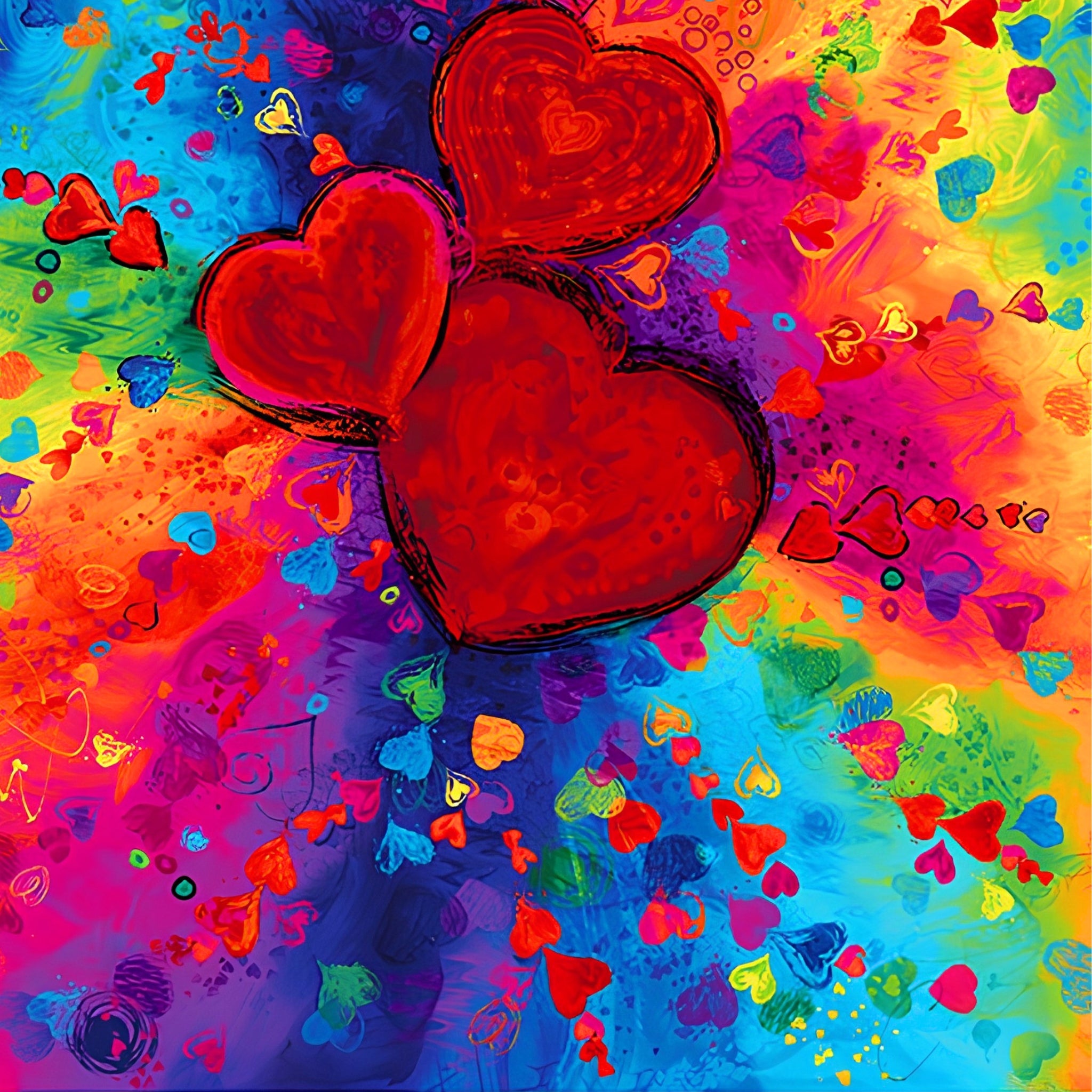 Bold red hearts panel rainbow swirl blue purple orange yellow green pink scattered mini hearts digital print for heart quilts wall hangings Valentine's Day gifts