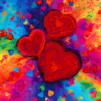Bold red hearts panel rainbow swirl blue purple orange yellow green pink scattered mini hearts digital print for heart quilts wall hangings Valentine's Day gifts