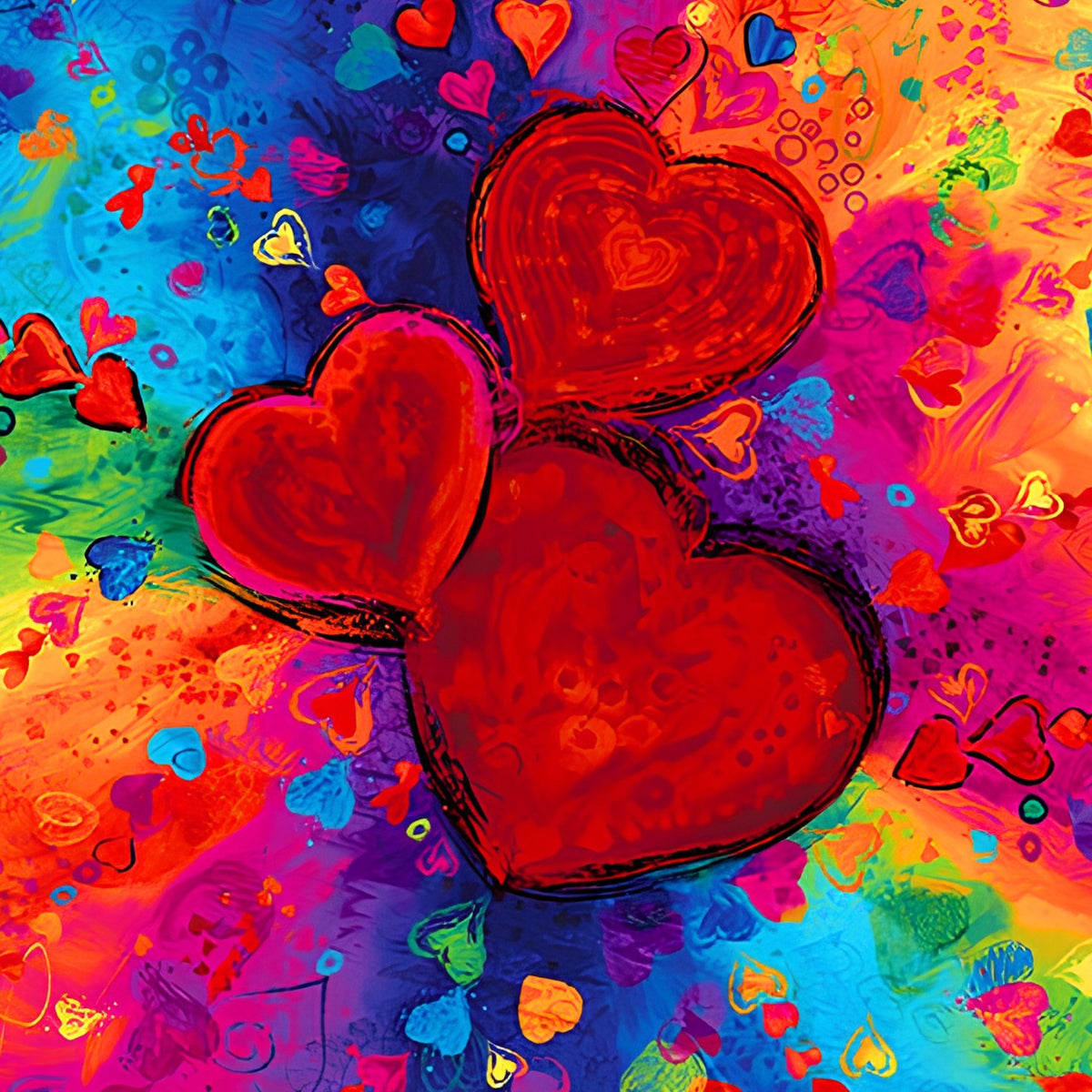 Bold red hearts panel rainbow swirl blue purple orange yellow green pink scattered mini hearts digital print for heart quilts wall hangings Valentine's Day gifts
