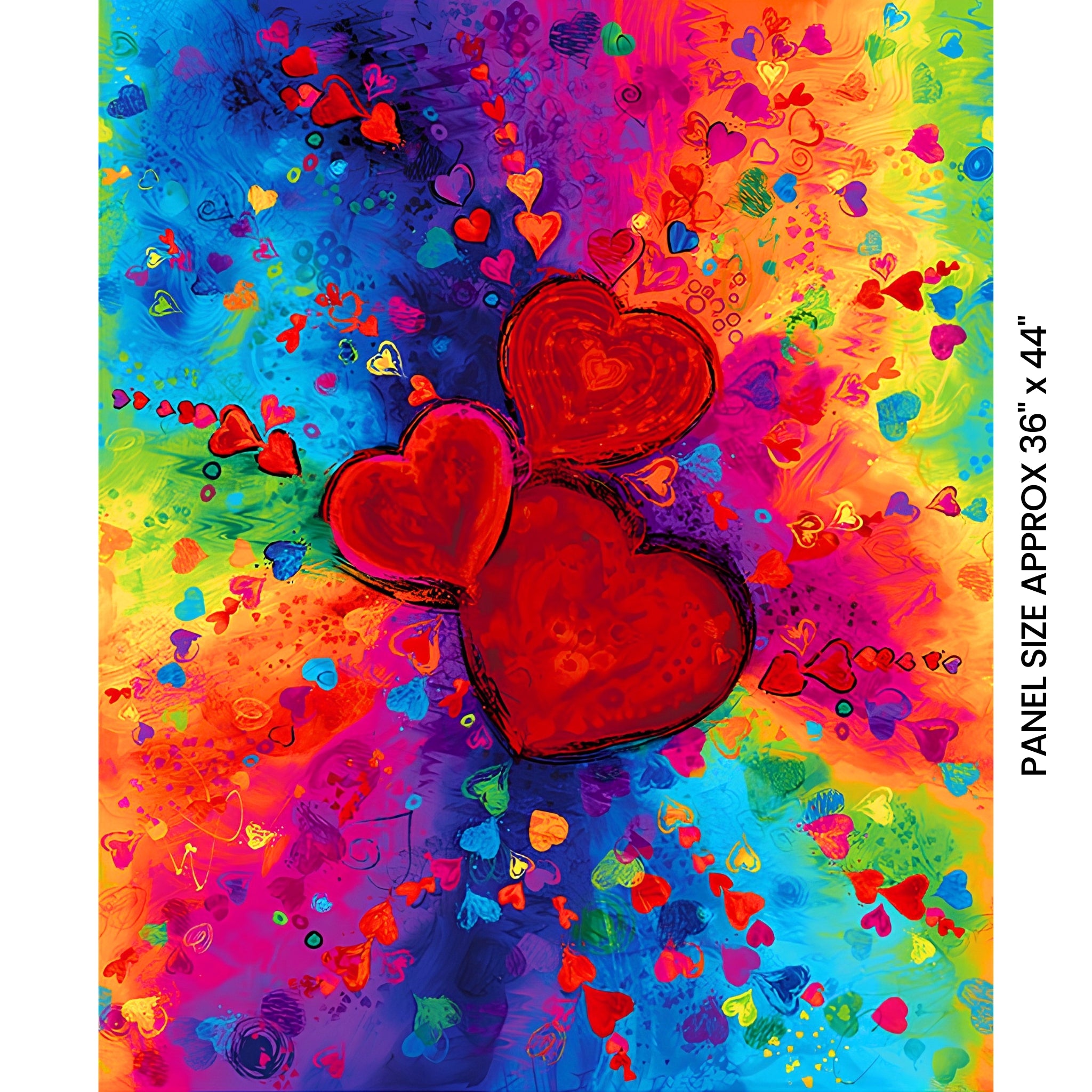Bold red hearts panel rainbow swirl blue purple orange yellow green pink scattered mini hearts digital print for heart quilts wall hangings Valentine's Day gifts