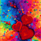 Bold red hearts panel rainbow swirl blue purple orange yellow green pink scattered mini hearts digital print for heart quilts wall hangings Valentine's Day gifts