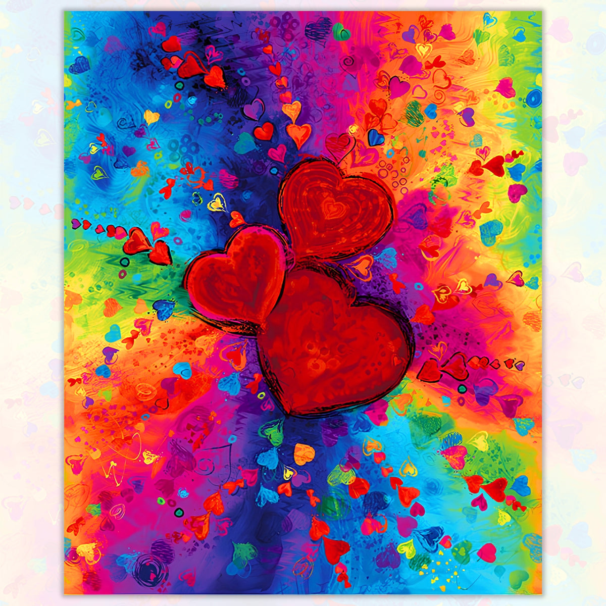 Bold red hearts panel rainbow swirl blue purple orange yellow green pink scattered mini hearts digital print for heart quilts wall hangings Valentine's Day gifts
