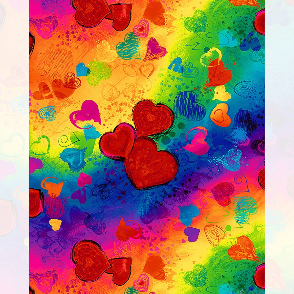 Tossed rainbow hearts all-over print solid outlined sketched swirled red orange yellow green blue purple pink vivid painted background digital print fabric for heart quilts children's projects bags cushions and Valentine's Day gifts