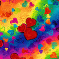 Tossed rainbow hearts all-over print solid outlined sketched swirled red orange yellow green blue purple pink vivid painted background digital print fabric for heart quilts children's projects bags cushions and Valentine's Day gifts