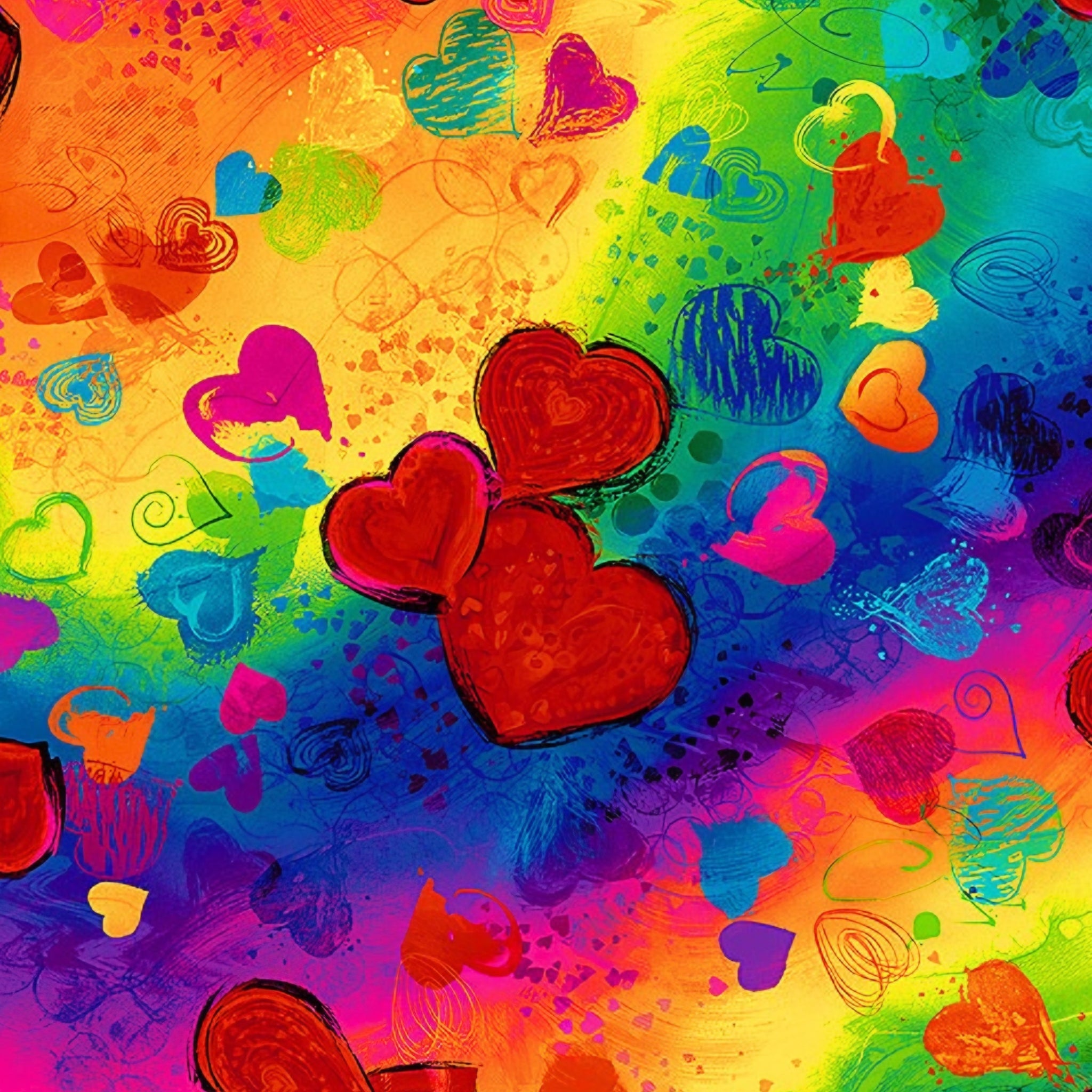 Tossed rainbow hearts all-over print solid outlined sketched swirled red orange yellow green blue purple pink vivid painted background digital print fabric for heart quilts children's projects bags cushions and Valentine's Day gifts