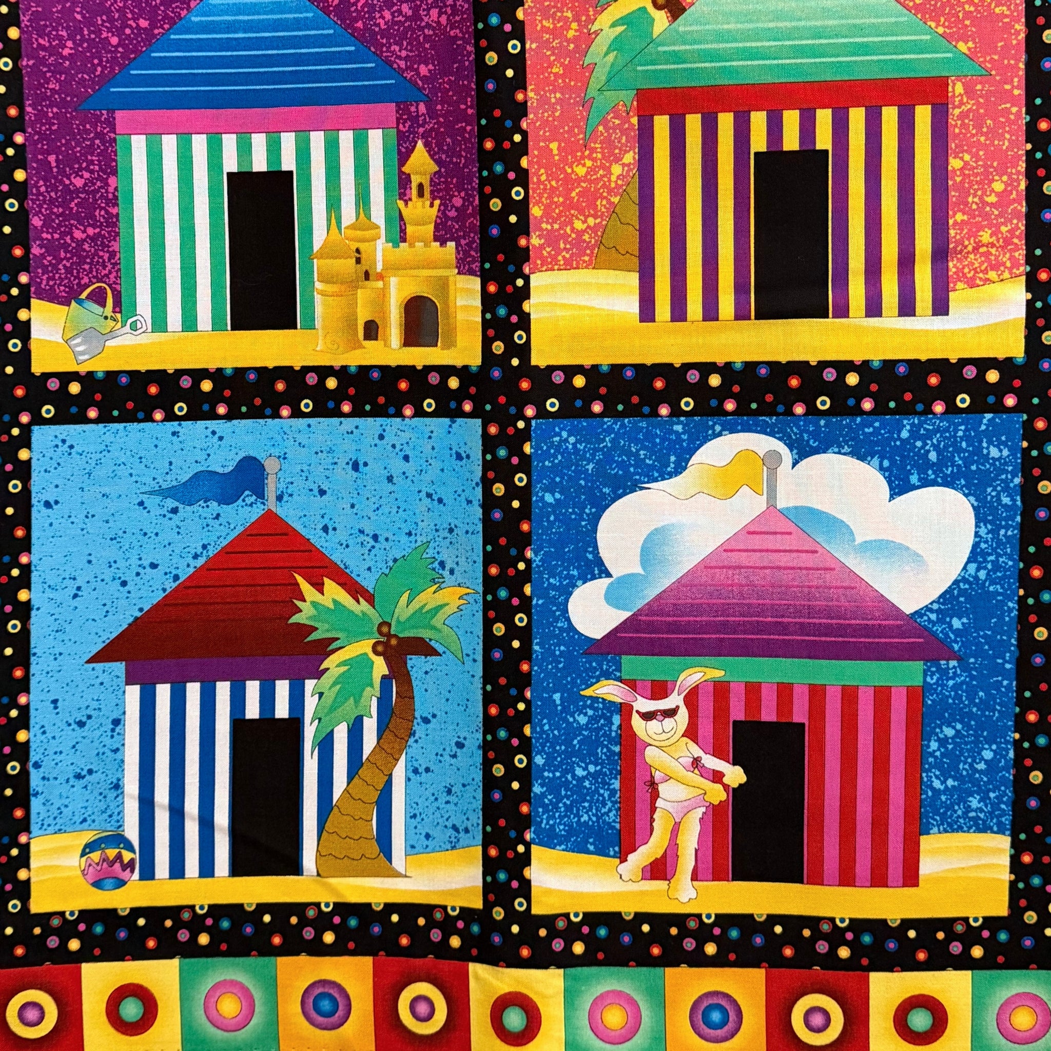 Colourful beach hut cabana tile blocks close-up bottom left sandcastle sailor bear palm tree multi novelty kids beach quilts