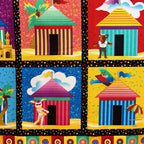 Colourful beach hut cabana tile blocks close-up bottom right bunny biplane beach umbrella multi novelty kids beach quilts