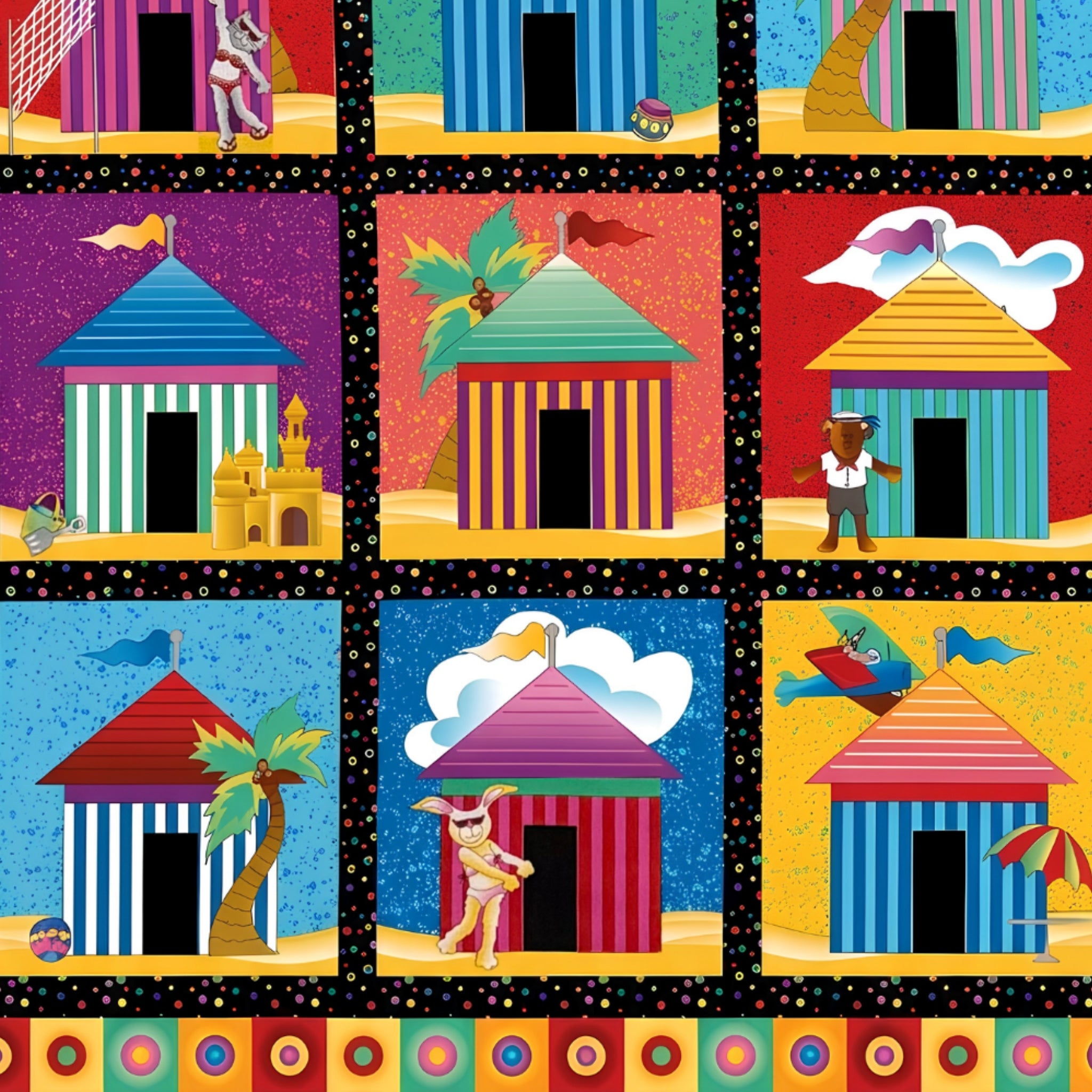 Colourful beach hut cabana tile blocks bottom section multi novelty kids beach quilts placemats coasters tote bags