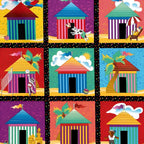 Colourful beach hut cabana tile blocks middle section multi novelty kids beach quilts placemats coasters tote bags
