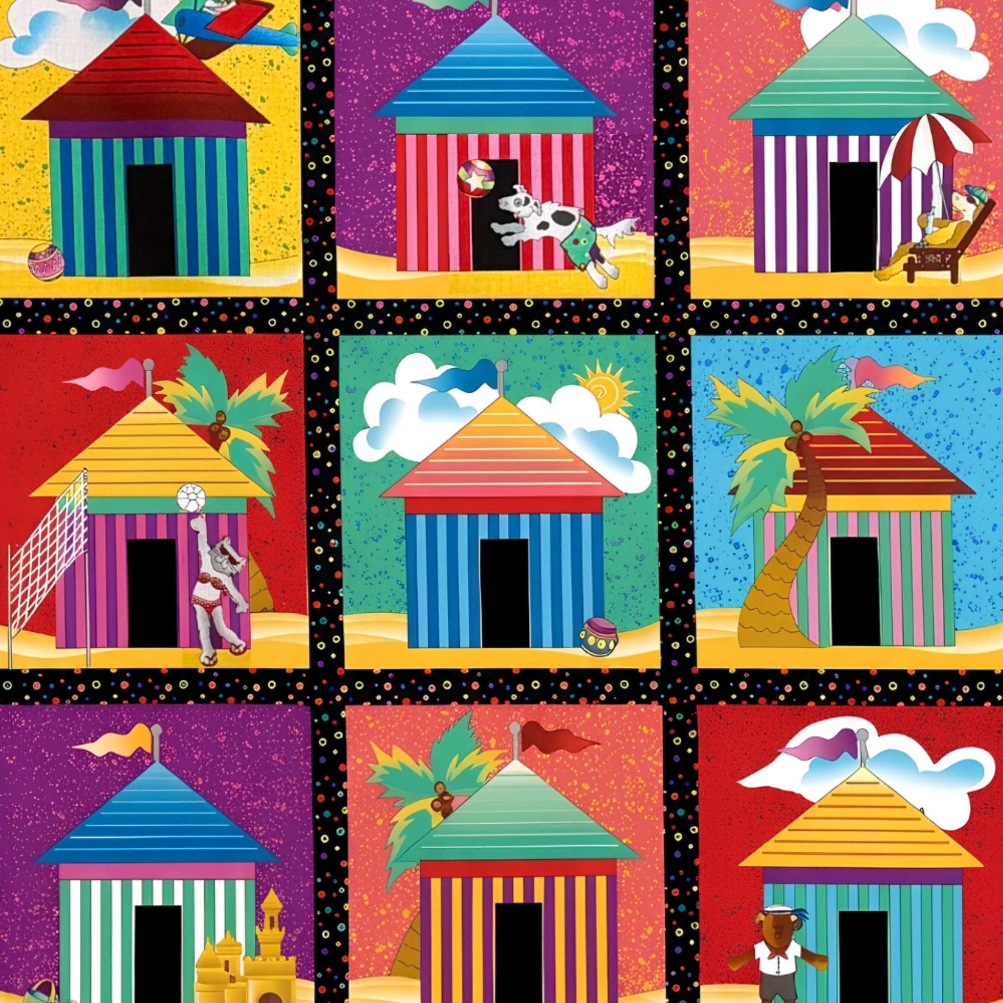 Colourful beach hut cabana tile blocks middle section multi novelty kids beach quilts placemats coasters tote bags