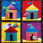 Colourful beach hut cabana tile blocks close-up top left multi novelty kids beach quilts wall hangings