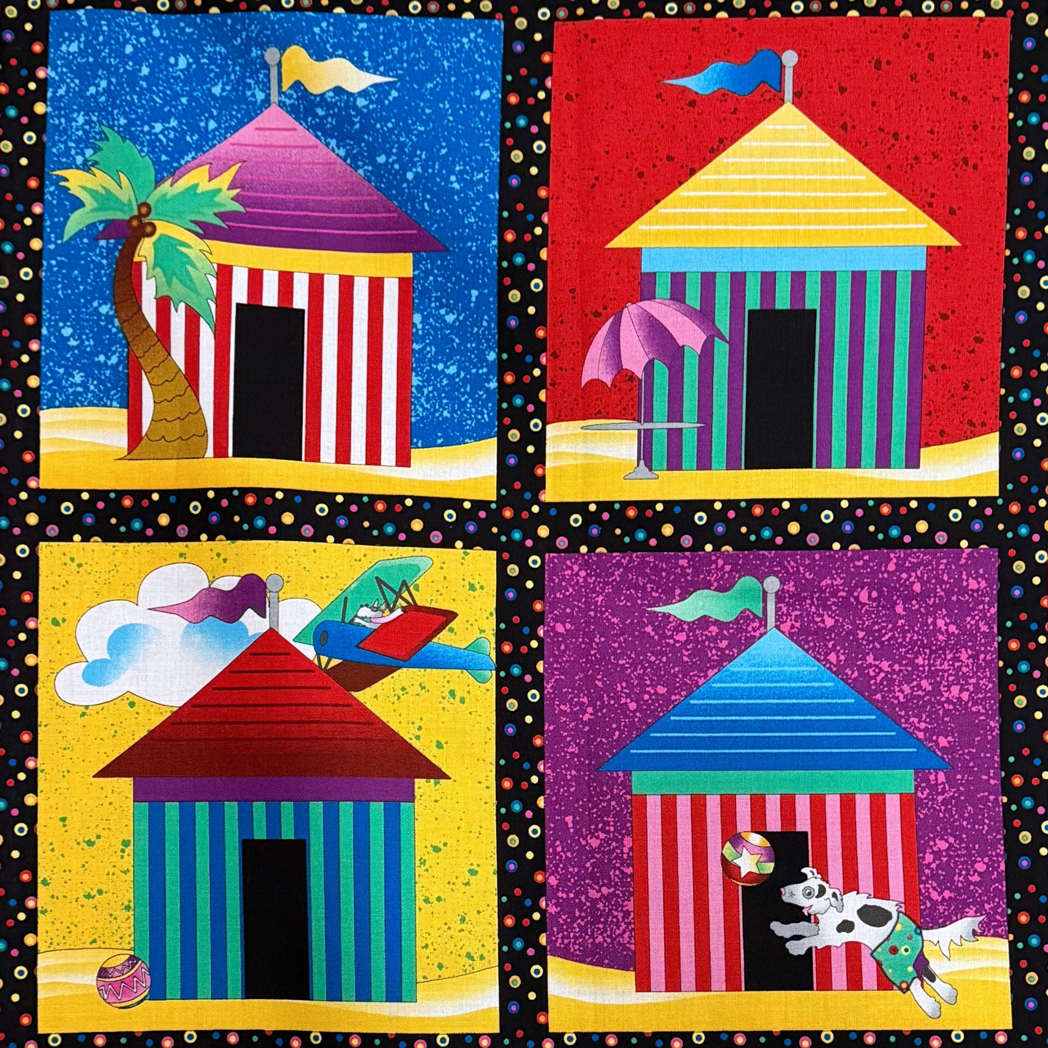 Colourful beach hut cabana tile blocks close-up top left multi novelty kids beach quilts wall hangings