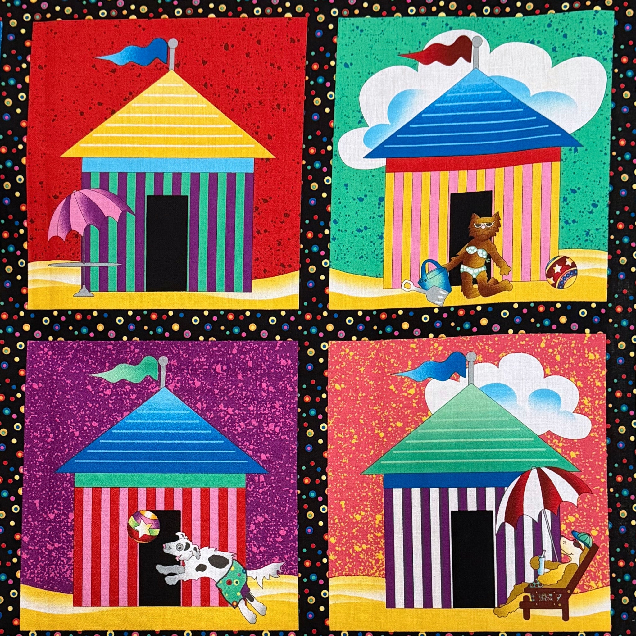 Colourful beach hut cabana tile blocks close-up top right multi novelty kids beach quilts wall hangings